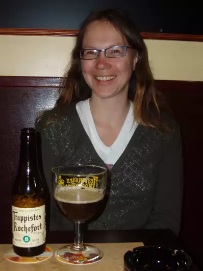 Päivi in Bar Le Cambridge drinking world-famous Belgian trappist beer Rochefort