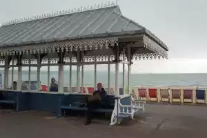 At the chilly beach in Portland, UK