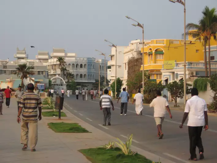 Pondicherry beach boulevard that was closed for traffic in the morning and in the evening