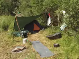 Daytime view of our camp, the umbrella is for sun protection