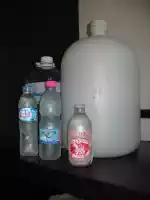 The cost of water: 20 L 0.35 euro; 6 L 1.5 euro; 0.5 L 0.38 euro